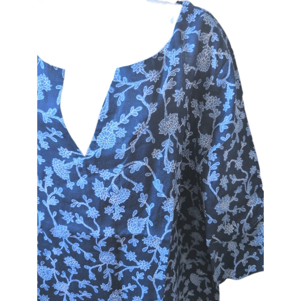 J. Jill Womens 3X Linen Tunic Top Blue Floral Pullover Half Sleeve - New - Picture 2 of 6